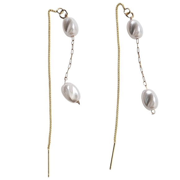 18K Gold Plated Faux Pearl Threader Earrings Dainty - Picture 2 of 4